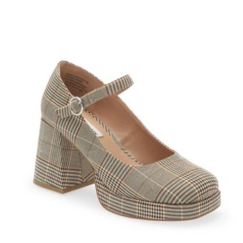 Steve Madden Plaid Mary Jane Block Heel Pumps in Tan/Beige